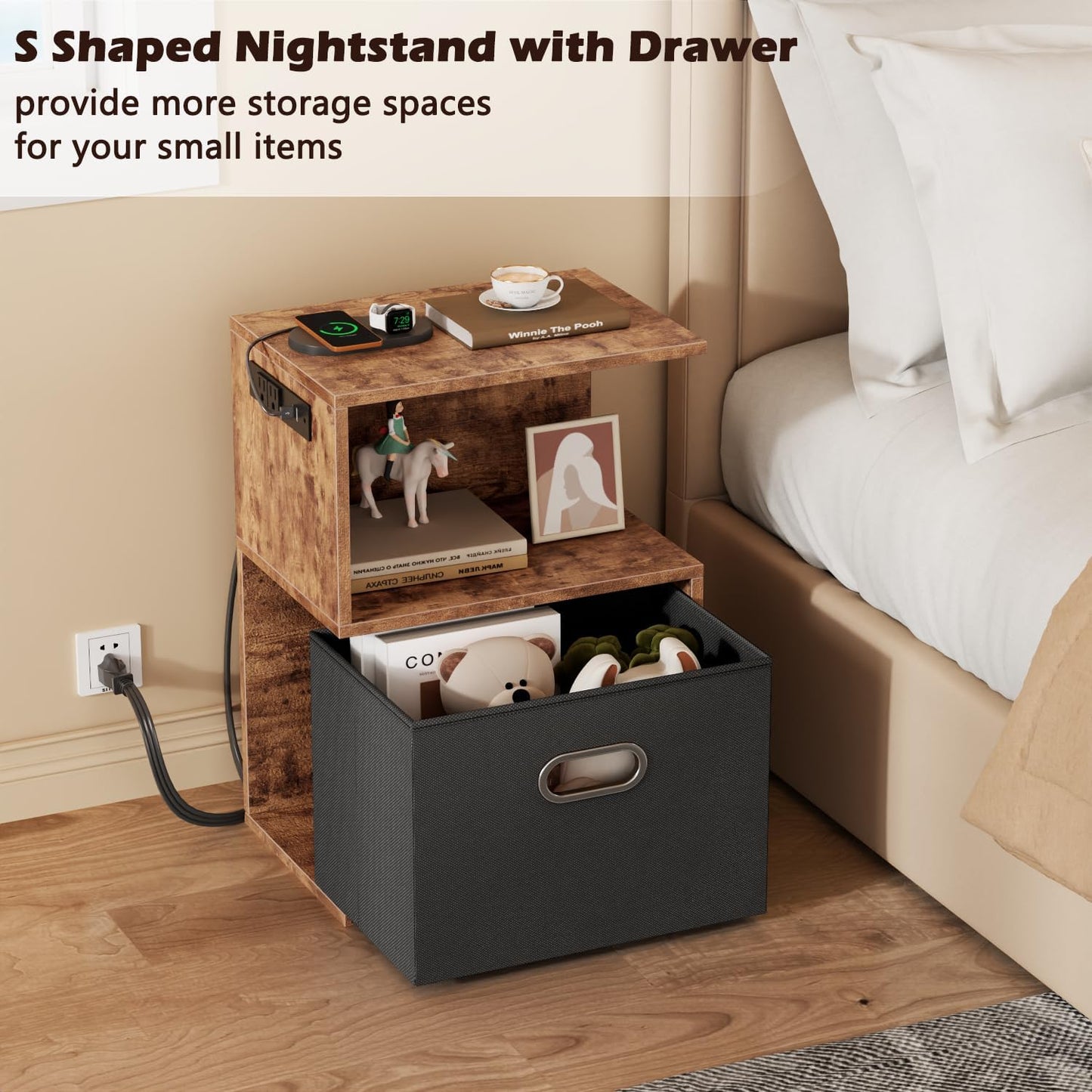 Nightstand with Charging Station and Drawer, 3 Tier End Table with Open Shelf, Wood S Shaped Bedside Table with Storage for Living Room/Bedroom/Small Space, Rustic Brown