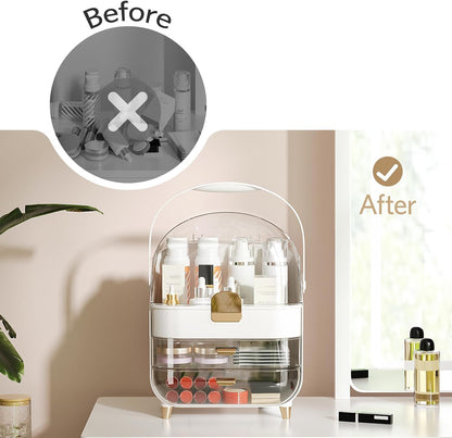 Makeup Organizer for Vanity, Skincare Organizer with Lid and Drawers, Bathroom Counter Organizer Perfume Makeup Storage, Large Cosmetic Display Case for Dresser, Bathroom Countertop, White