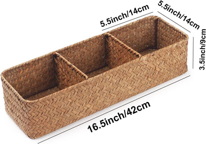 Seagrass Tank Basket for Toilet Paper 3 Sections Woven Storage Basket with Large Compartment Natural (16.5Inch X 5.5Inch X 3.5Inch)