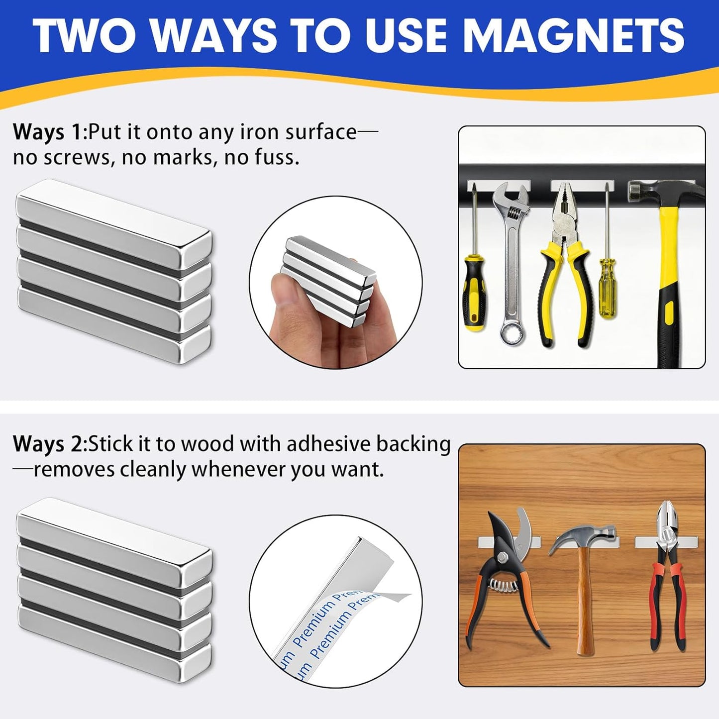 2 Pack Neodymium Bar Magnets, Rare Earth Magnets Metal Neodymium Magnet with Double-Sided Adhesive for Fridge and Office Projects, 40X10X5Mm(Silver)