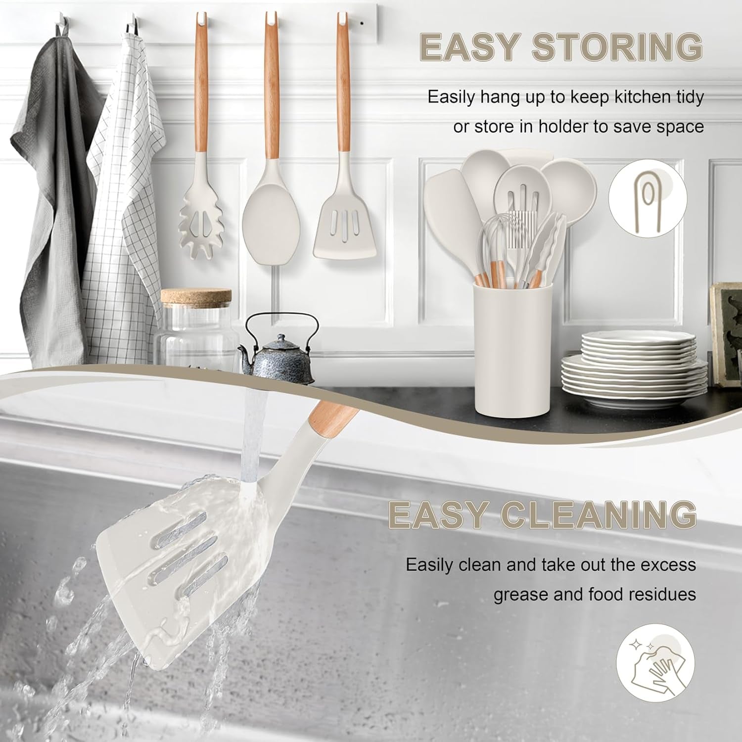 Silicone Cooking Utensils Set, 12PCS Kitchen Utensils Set with Wooden Handle for Nonstick Cookware, Ladle, Spoon, Spatula, Tong, Heat-Resistant & Non-Scratch, Non Smell & Healthy, Khaki