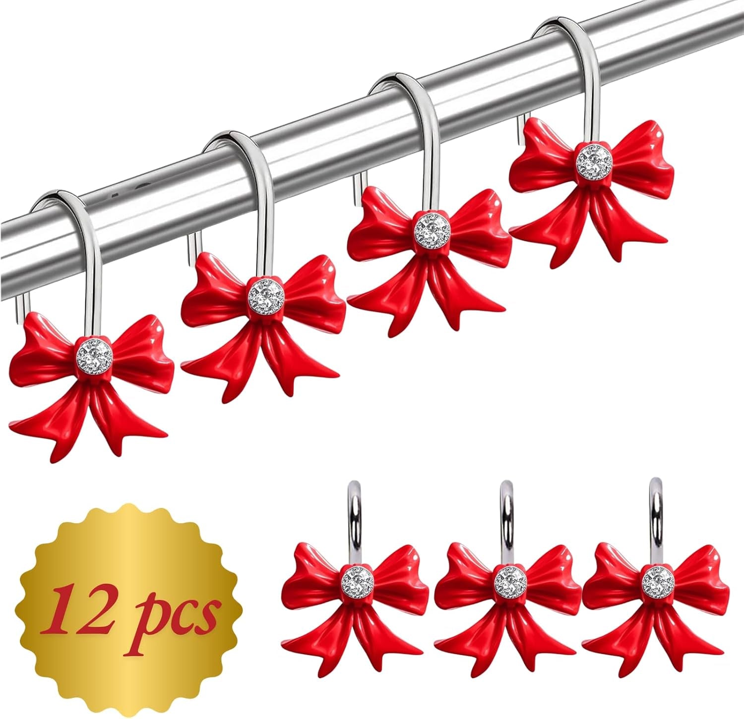 12Pcs Red Bow Shower Curtain Hooks Set, Kawaii Bow Resin Hooks for Red Bathroom Decor, Christmas, Coquette Bedroom, Girly Nursery, Cute Home Accessories