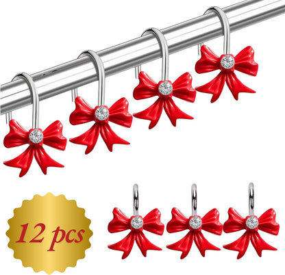 12Pcs Red Bow Shower Curtain Hooks Set, Kawaii Bow Resin Hooks for Red Bathroom Decor, Christmas, Coquette Bedroom, Girly Nursery, Cute Home Accessories
