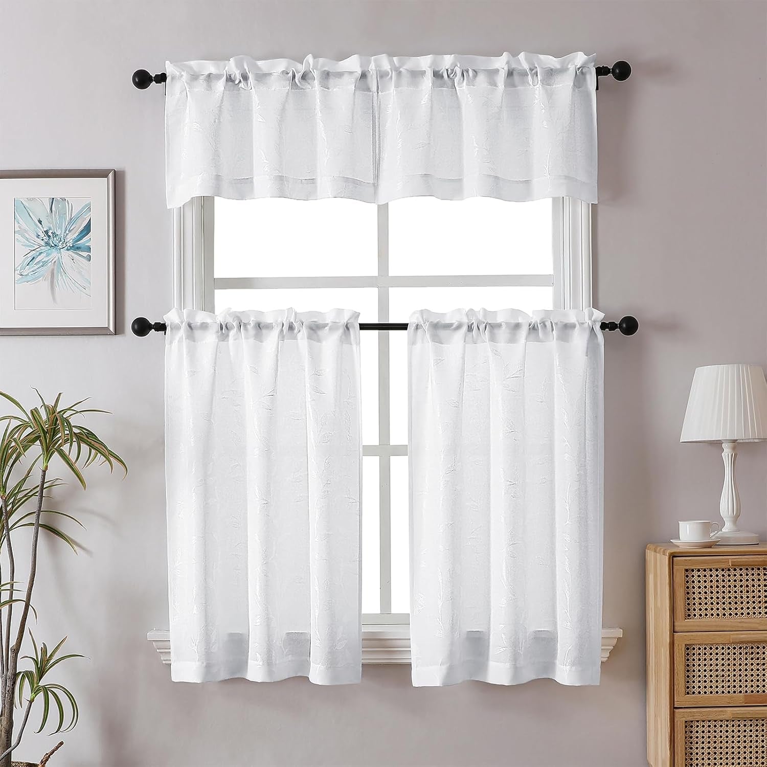 Mila White Kitchen Tier Curtains, 36 Inch Length, Semi Sheer Leaf Jacquard Textured Small Cafe Curtains, Light Filtering, Each 30Wx36L, 2PCS