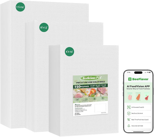 Vacuum Sealer Bags for Food Storage 150 Gallon 11" X 16" and Quart 8" X 12" and Pint 6" X 10", with Bpa-Free, Commercial Precut Vacuum Seal Bags for Sous Vide & Seal a Meal