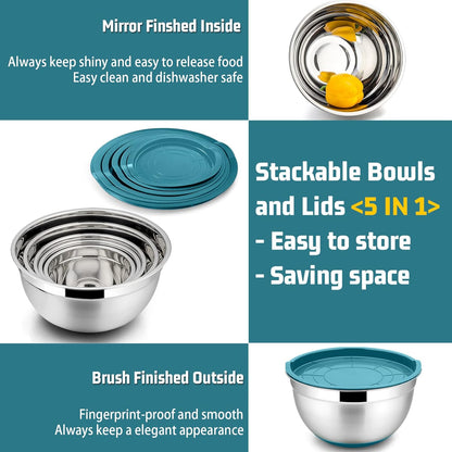 Mixing Bowls with Lids Set of 5, Stainless Steel Nesting Salad Bowl with Lid & Base for Non-Slip Mixing Prepping Storing Serving, 5 Sizes-7/3.5/2.5/1.5/1 QT, Blue