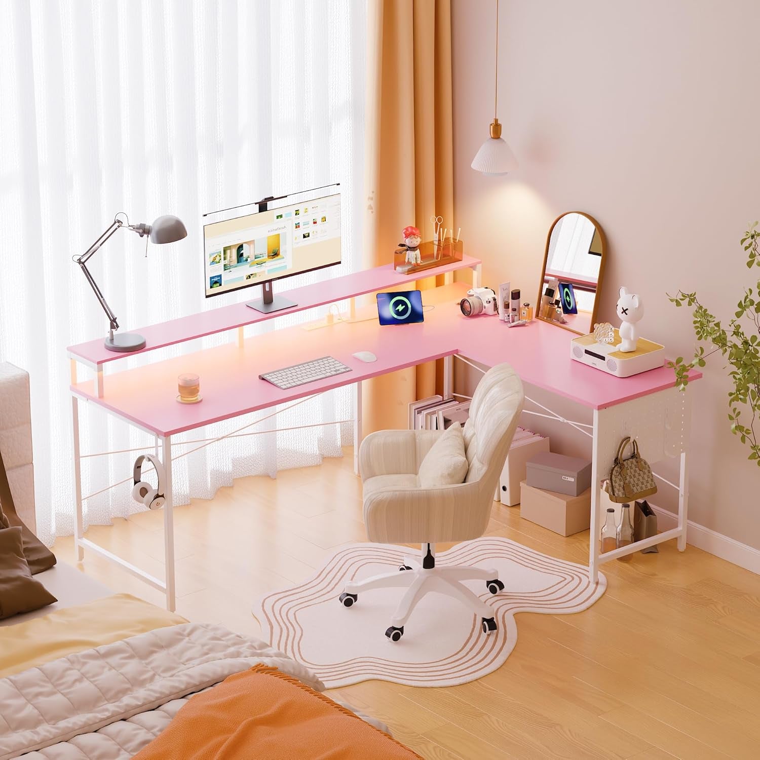 64 Inch L Shaped Gaming Desk with Power Outlets and Led Lights, Large Corner Computer Desk with Monitor Stand and Pegboard, PC Table for Home Office and Bedroom Pink