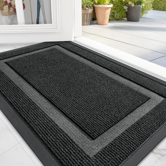 Front Door Mat Indoor Outdoor Entrance, Waterproof All-Season, All-Weather Doormat, Sturdy Natural Rubber, Fade Resistant, Low Profile, Easy Clean Patio Porch Entryway Mat, 29.5X17, Black