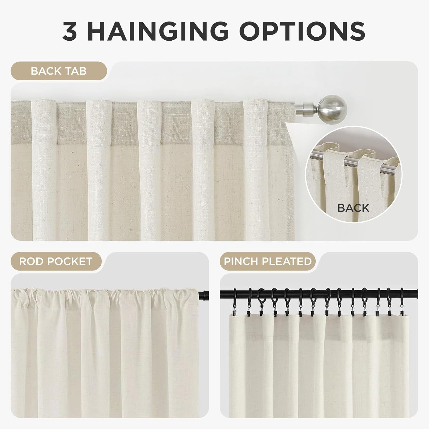 Linen Curtains 96-Inch Length, 2-Panel Set, Light Filtering Drapes for Living Room and Bedroom, 52-Inch Width with Rod Pocket and Back Tab (Ivory on Linen)