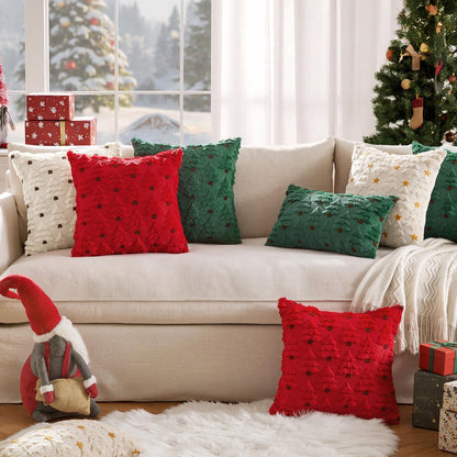 Christmas Tree Decorative Pillow Covers Faux Fur Wool Throw Pillows Soft Plush Cushion Covers Set of 2 Xmas Home Decor Winter Holiday for Sofa Couch Livingroom Bed 18X18 Inch Dark Green