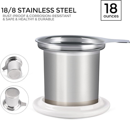 Ceramic Tea Mug with Infuser and Lid, 18 Ounce Capacity, Microwave and Dishwasher Safe, Ideal for Loose Leaf Tea Enthusiasts