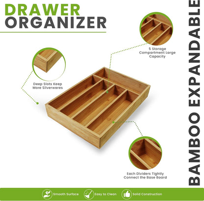 Silverware Organizer, Bamboo Utensil Drawer Organizer for Cutlery, Utensils & Flatware (5 Compartment, Natural) Pack of 1