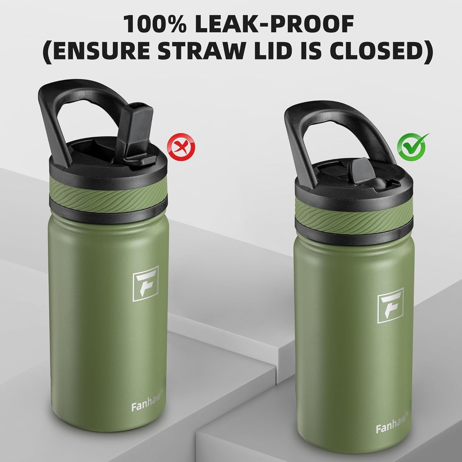 14 Oz Kids Insulated Water Bottle with Straw Lid – Stainless Steel Double Wall Vacuum, Leak-Proof, Bpa-Free Water Bottles for School Boys & Girls(Olive Green)