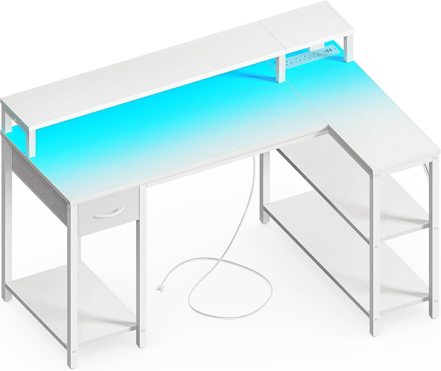 47-Inch Reversible L-Shaped Desk with LED Lighting and Power Outlets, Featuring Shelves, Monitor Stand, Drawer, and PU White Finish for Home Office and Gaming Use