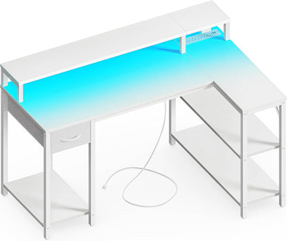 47-Inch Reversible L-Shaped Desk with LED Lighting and Power Outlets, Featuring Shelves, Monitor Stand, Drawer, and PU White Finish for Home Office and Gaming Use