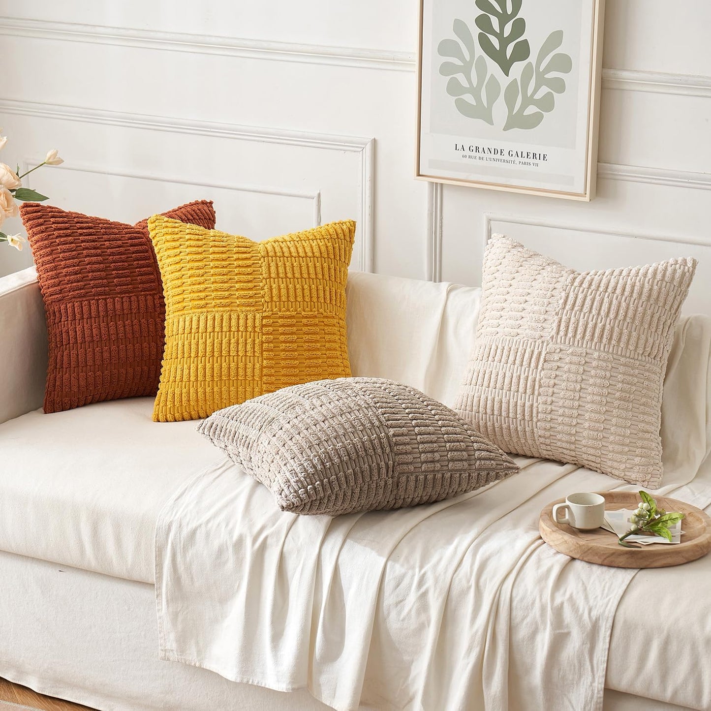 Set of 2 Mustard Yellow Decorative Pillow Covers 18X18 Inch Textured Striped Patchwork Accents Farmhouse Boho Soft Corduroy Couch Pillows for Sofa Living Room Bed Home Decor