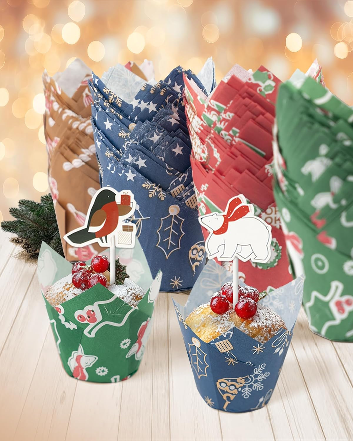 200 Pcs Christmas Tulip Cupcake Liners with 24 Pcs Cupcake Toppers, Cupcake Liners, Tulip Cupcake Liners for Baking, Standard Tulip Muffin Liners for Christmas Holiday