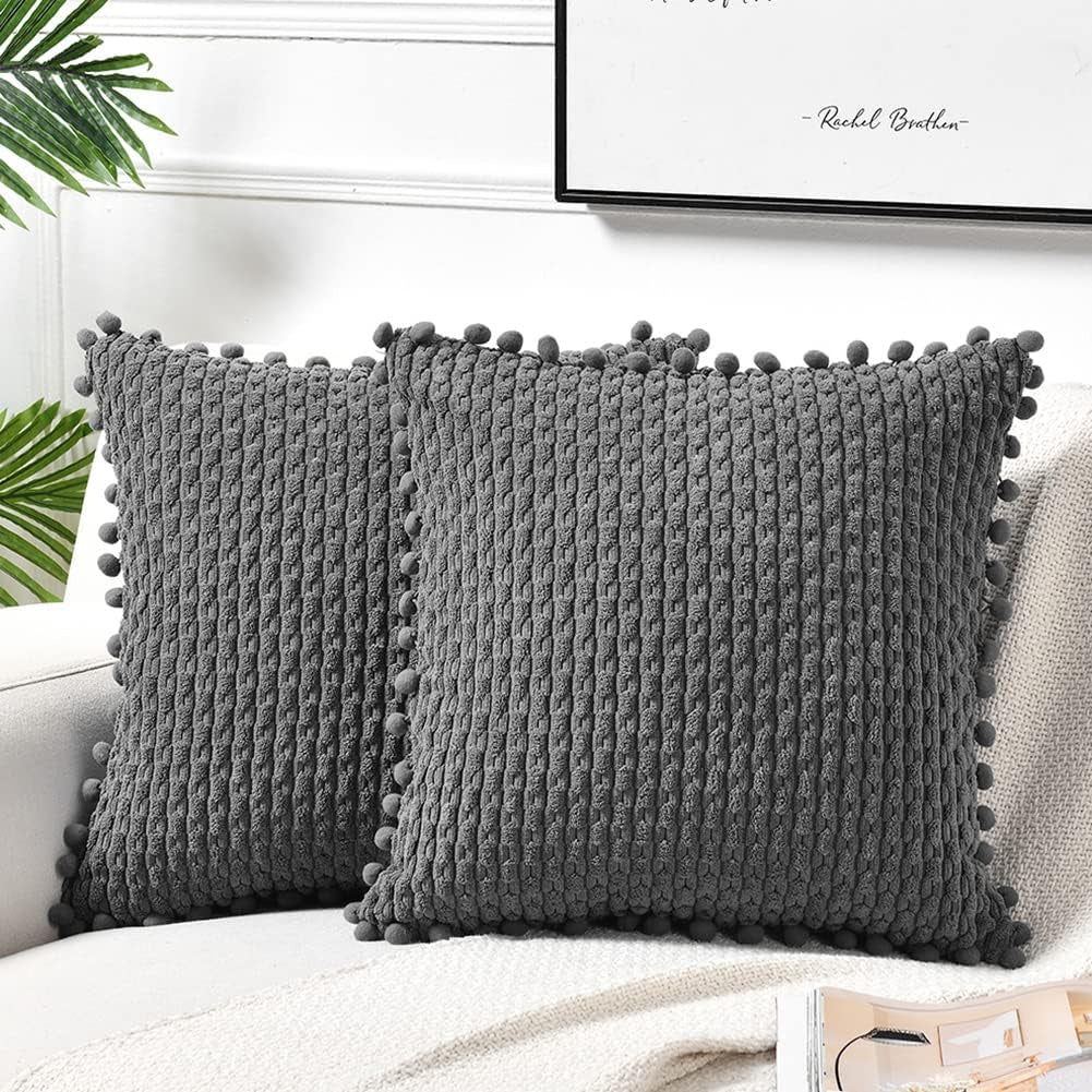 Set of 2 Dark Gray Decorative Throw Pillow Covers 18X18 Inch with Pom-Poms for Couch Bedroom Living Room, Modern Farmhouse Boho Home Decor, Soft Plush Corduroy Cute Cushion Case 45X45 Cm