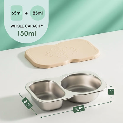 2 Pack Stainless Steel 2-Compartment Small Snack Containers with Lids, Reusable Snack Pack Containers, Lunch Box Accessories,Double Compartment Salad Dressing Containers to Go, 5.3Oz