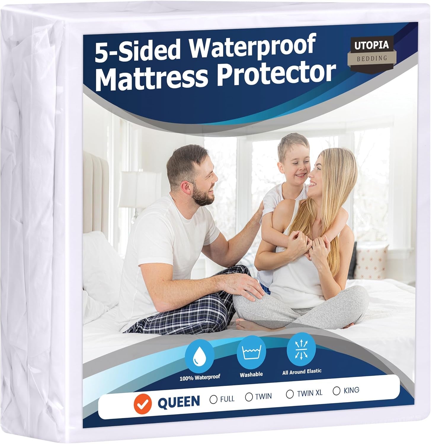 Waterproof 5-Sided Mattress Protector Queen Size, Premium Breathable Mattress Cover, Fitted Style with Stretchable Pockets (White)