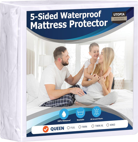 Waterproof 5-Sided Mattress Protector Queen Size, Premium Breathable Mattress Cover, Fitted Style with Stretchable Pockets (White)