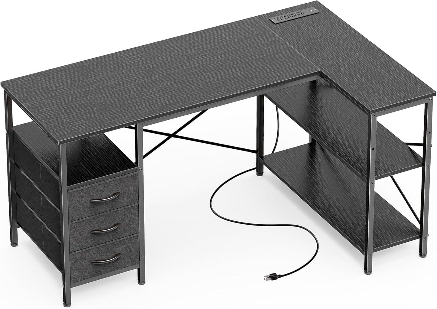 L-Shaped Office Desk with Power Outlets, 47-Inch Computer Desk featuring 3 Drawers and Shelves for Gaming, Home Office, and Study in Black