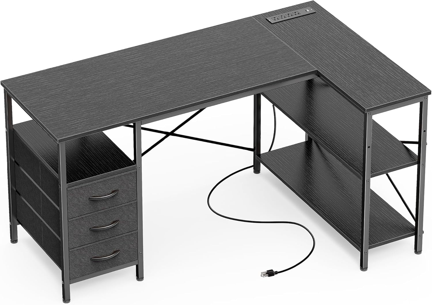 L-Shaped Office Desk with Power Outlets, 47-Inch Computer Desk featuring 3 Drawers and Shelves for Gaming, Home Office, and Study in Black