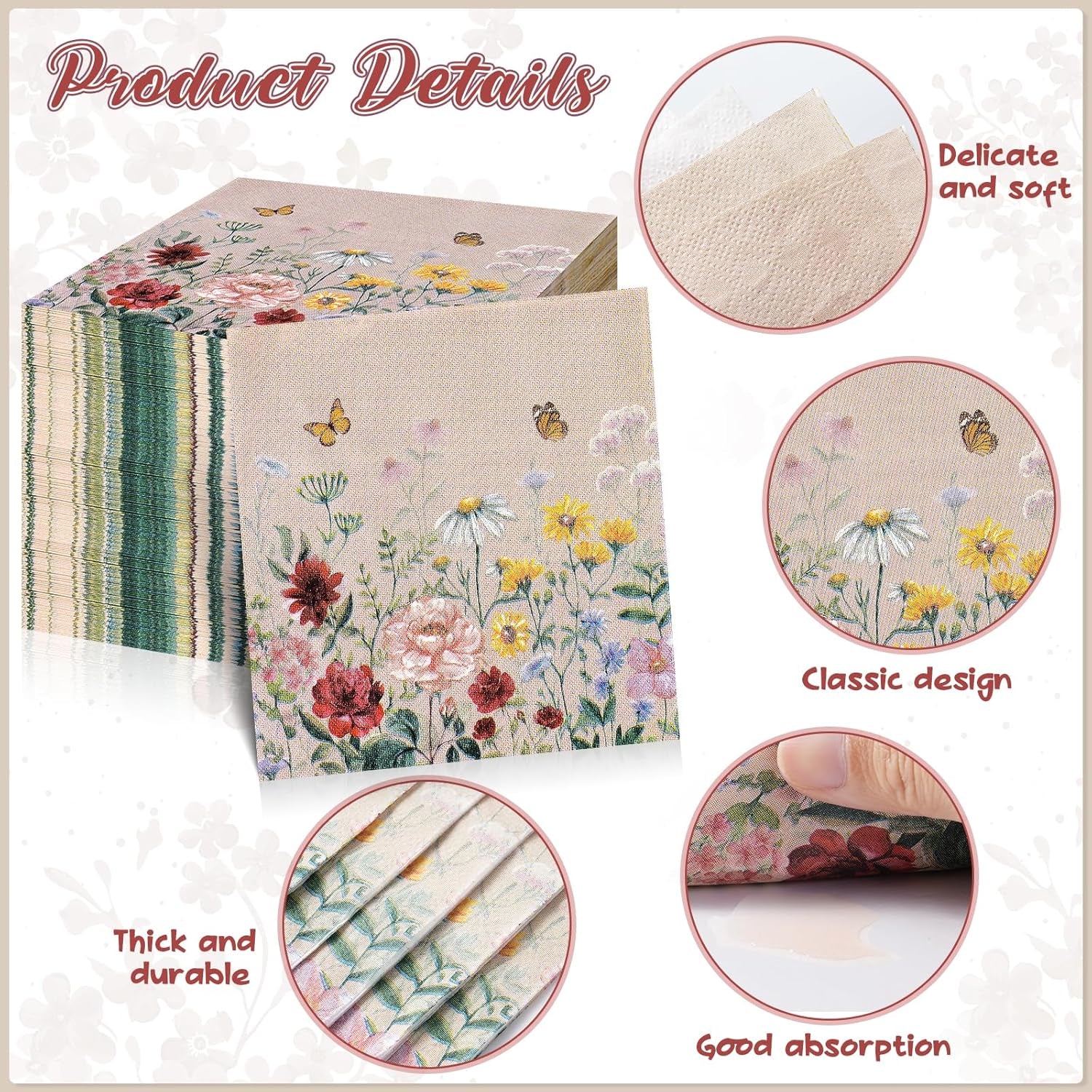 100Pcs Floral Paper Napkins,Spring Wildflower Napkin Disposable Flower Cocktail Napkins for Wedding, Birthday,Baby Shower,Easter,Mothers Day Party Decorations and Supplies