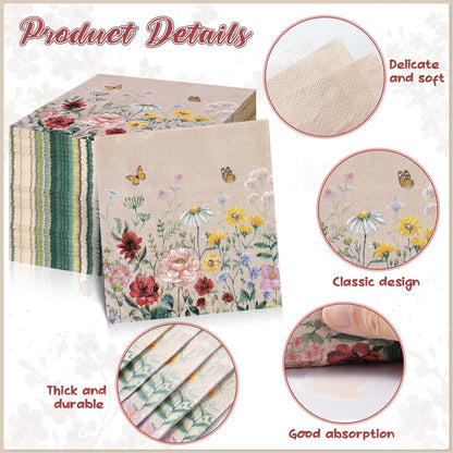 100Pcs Floral Paper Napkins,Spring Wildflower Napkin Disposable Flower Cocktail Napkins for Wedding, Birthday,Baby Shower,Easter,Mothers Day Party Decorations and Supplies