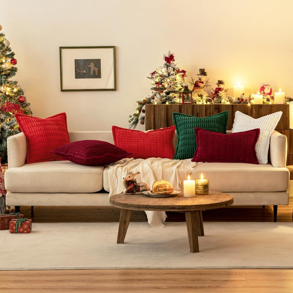 Christmas Green Corduroy Decorative Throw Pillow Covers Pack of 2 Soft Striped Pillows Pillowcases with Broad Edge Winter Modern Boho Home Decor for Couch Sofa Bed Spring 18X18 Inch