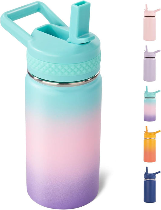 Toddler Water Bottle, 12 Oz Kids Water Bottle for School with Straws Lids, 304 Stainless Steel Vacuum Thermos Insulated Bottle, Bpa-Free, Aurora
