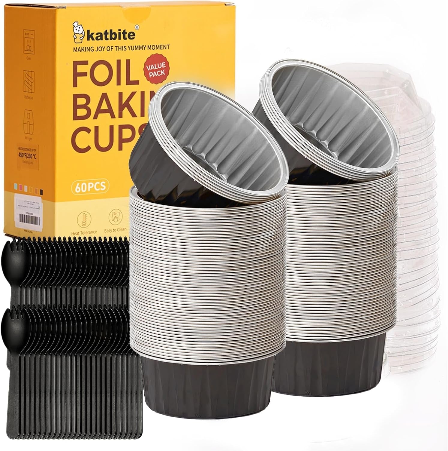 60 Pack 5Oz Disposable Aluminum Foil Ramekins with Lids, Mini round Baking Cups, Muffin Tins for Creme Brulee, Souffle, Pudding, Non-Stick, Wedding Favors, Black