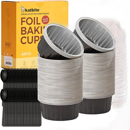 60 Pack 5Oz Disposable Aluminum Foil Ramekins with Lids, Mini round Baking Cups, Muffin Tins for Creme Brulee, Souffle, Pudding, Non-Stick, Wedding Favors, Black