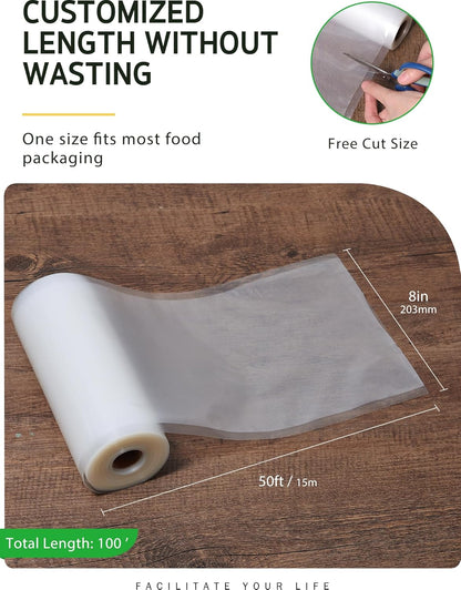 Vacuum Sealer Bags, 2 Rolls 8" X 50' Commercial Grade Bag Rolls, BPA Free Food Vac Bags for Storage, Meal Prep or Sous Vide