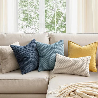 Throw Pillow Covers Soft Corduroy Decorative Set of 2 Boho Striped Pillow Covers Pillowcases Farmhouse Home Decor for Couch Bed Sofa Living Room 18X18 Inch Blue