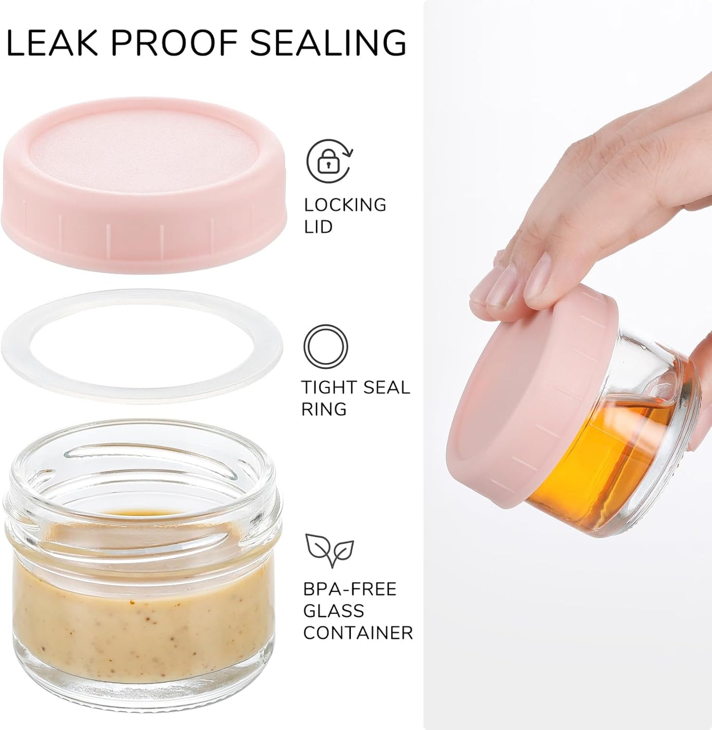 [6 Pack] Salad Dressing Container to Go, 1.7 Oz Glass Small Condiment Container with Lids, Dipping Sauce Cups Set, Leakproof Reusable Sauce Containers for Lunch Box Work Trip.