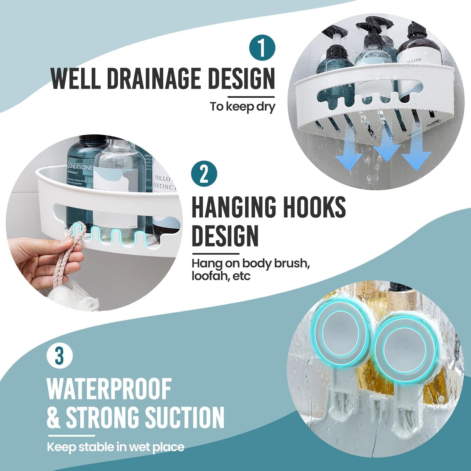 Corner Shower Caddy with Suction Cups, Wall Mounted Organizer Plastic Rack for Small Bathrooms, Kitchen, Removable Drill-Free Heavy Duty Shelf Basket, White