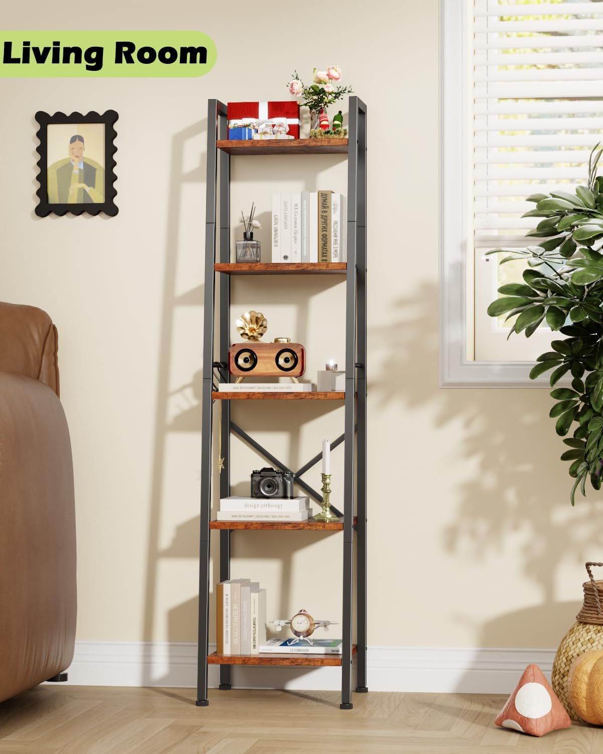 5 Tier Ladder Shelf Bookcase, Tall Narrow Bookshelf with 2 Hooks, Rustic Brown Bathroom Corner Book Shelf, Metal Wood Book Case Standing Unit, Display Shelf for Living Room Office Kitchen