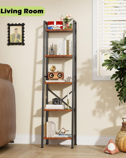 5 Tier Ladder Shelf Bookcase, Tall Narrow Bookshelf with 2 Hooks, Rustic Brown Bathroom Corner Book Shelf, Metal Wood Book Case Standing Unit, Display Shelf for Living Room Office Kitchen