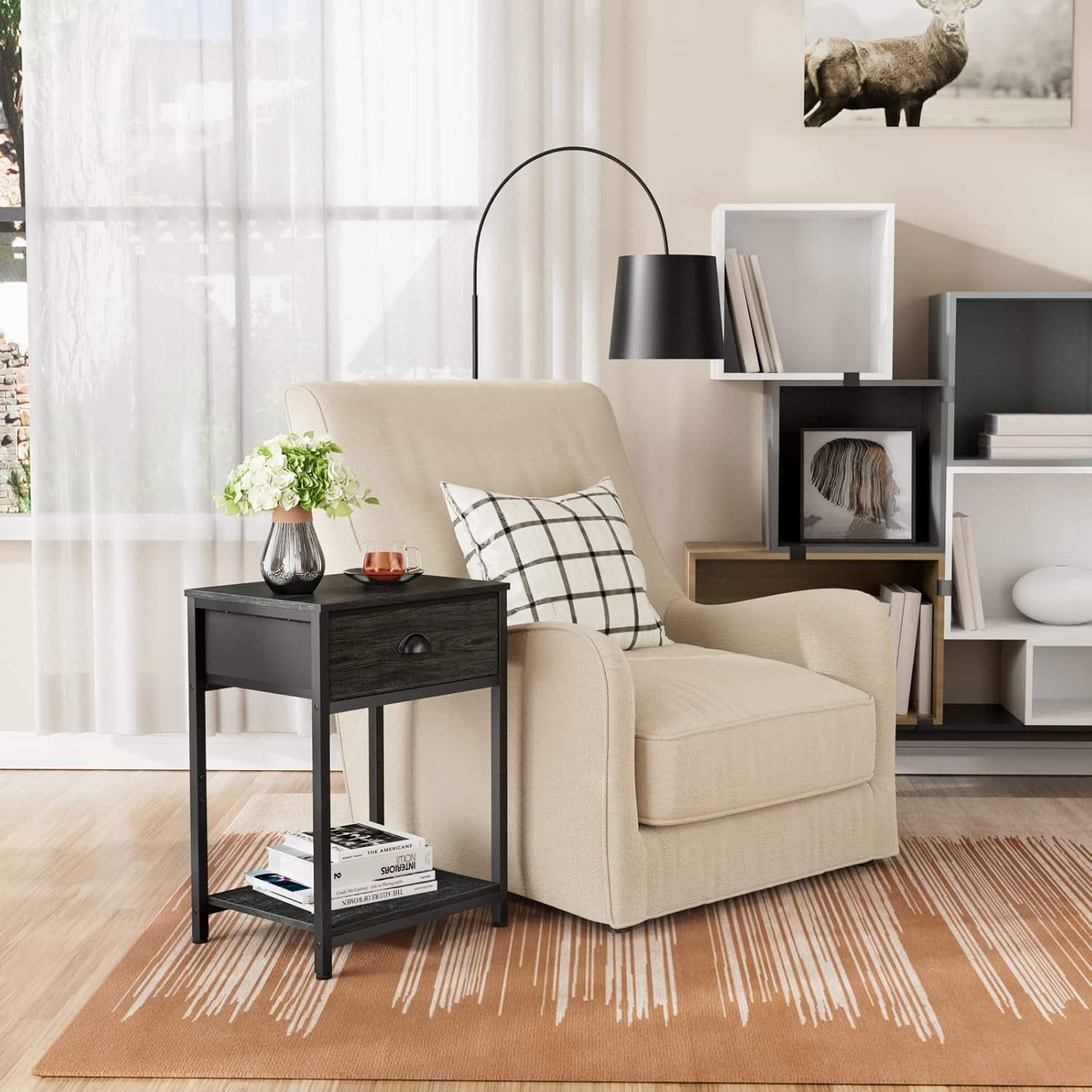 Nightstand with Fabric Drawer & Storage Shelf, Small Bedside Table Organizer for Small Space, 2 Tiers Industrial End Table, Side Table for Living Room, Bedroom, Black Oak