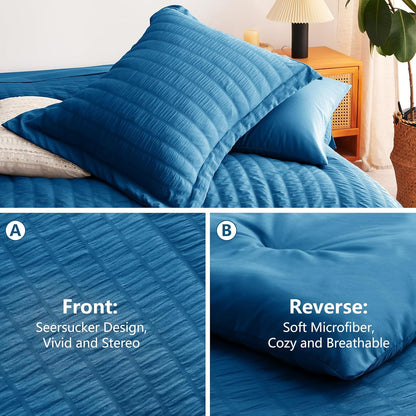 Full Seersucker Comforter Set with Teal Bed in a Bag 7-Pieces All Season Bedding Sets with Comforter, Pillow Sham, Flat Sheet, Fitted Sheet, Pillowcase