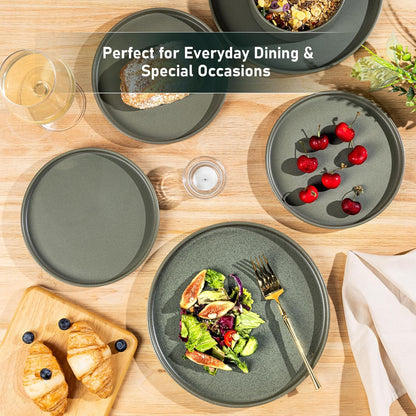 Ceramic Dinnerware Set for Four - Stoneware Plates and Bowls, Chip and Scratch Resistant, Dishwasher, Microwave, and Oven Safe, Reactive Glaze in Green