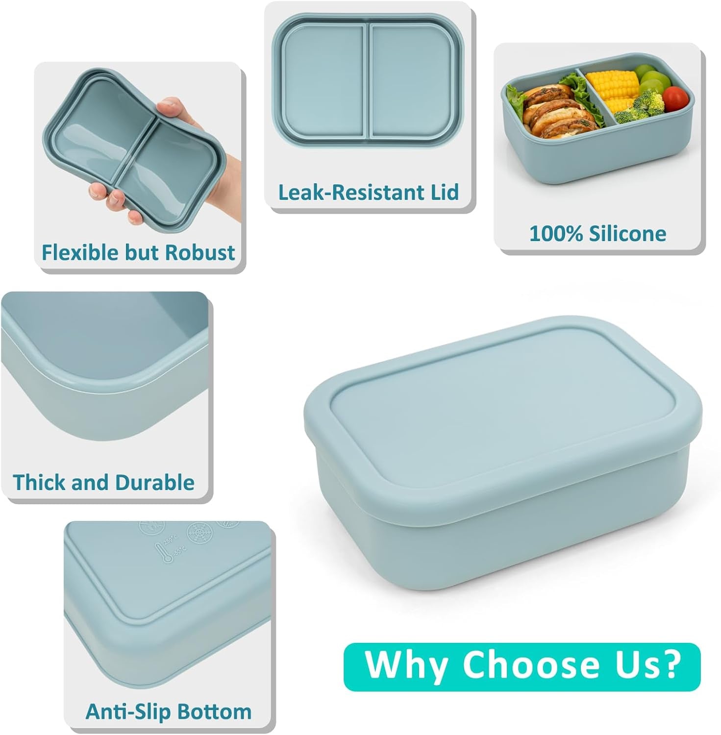 100% Silicone Bento Box Adult with 2 Compartments, 24Oz, Reusable Small Divided Lunch Box Meal Prep Containers for Food Snack Storage, Bpa-Free Plastic-Free, Microwave Dishwasher Safe, Green