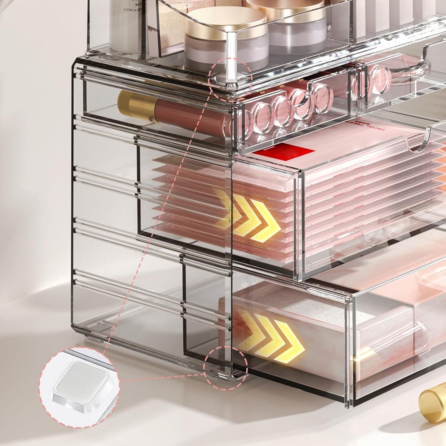 4-Tier Clear Makeup Organizer with Drawer - Stackable Acrylic Cosmetic Storage for Bathroom Vanity & Dresser Countertop, Make up & Jewelry Storage, Beauty Holder for Lipstick Brush Skincare