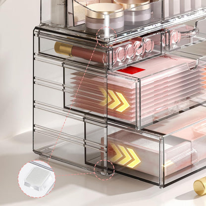 4-Tier Clear Makeup Organizer with Drawer - Stackable Acrylic Cosmetic Storage for Bathroom Vanity & Dresser Countertop, Make up & Jewelry Storage, Beauty Holder for Lipstick Brush Skincare