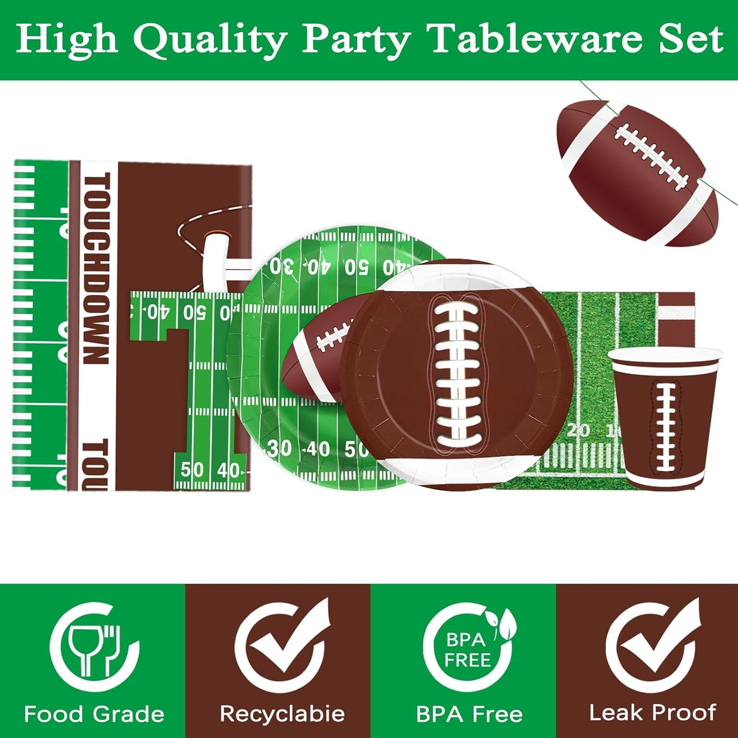 Football Party Supplies Football Themed Party Decorations Including Plates, Napkins, Cups, Banner and Tablecloth for Football Birthday Party Decorations, 24 Guests