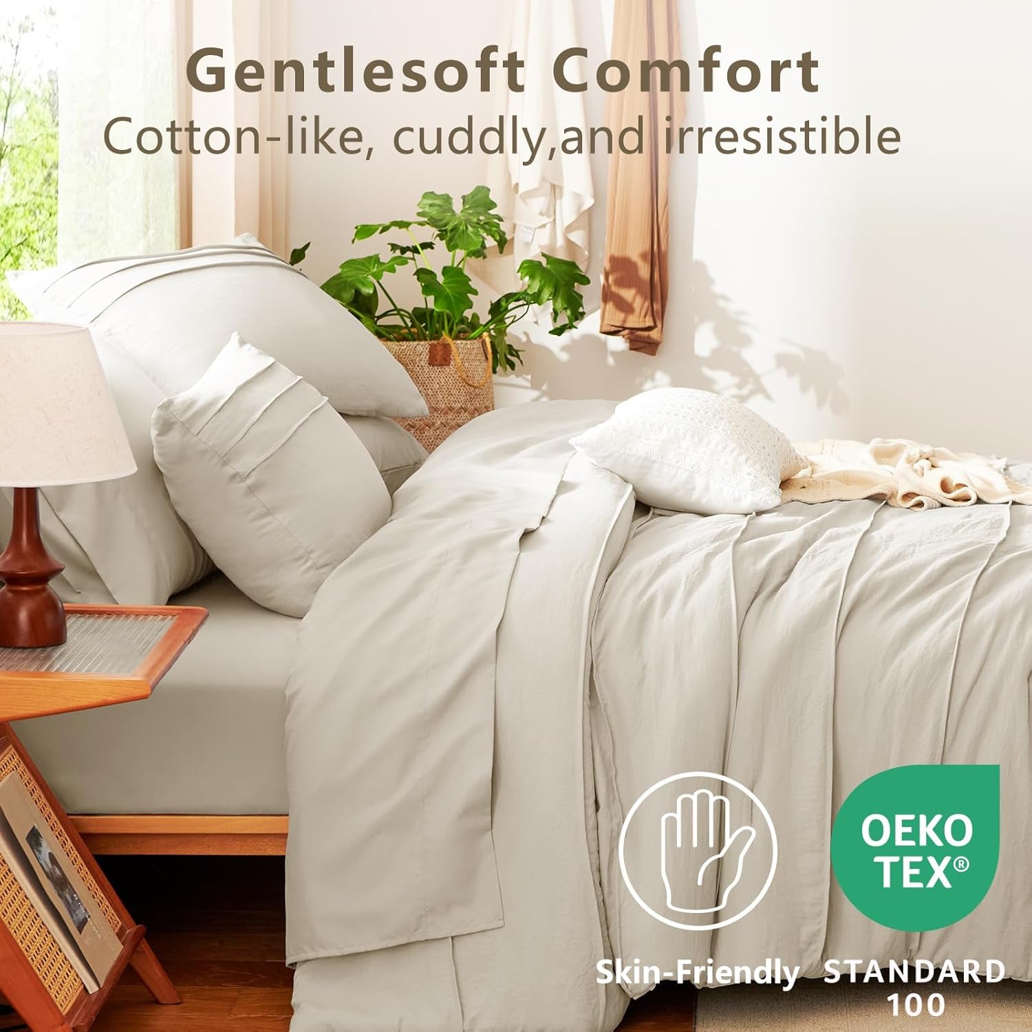 Queen Comforter Set Beige, 7 Pieces Soft Prewashed Pinch Pleat Bed in a Bag Queen Comforter Set with Sheets, Boho Bed Set with down Alternative Comforter, Sheets, Pillowcases & Shams