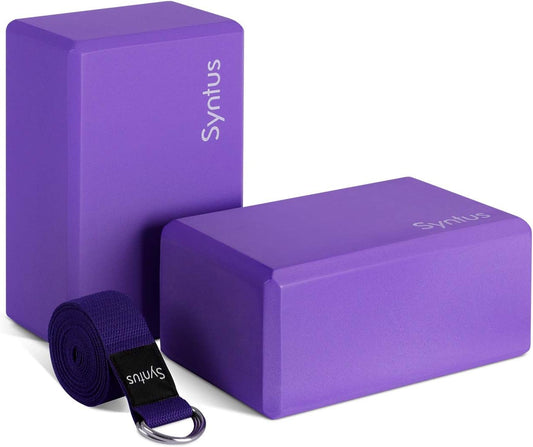 Yoga Block and Yoga Strap Set, 2 Soft Non-Slip Yoga Blocks 9×6×4 Inches, 8FT Metal D-Ring Strap for Yoga, General Fitness, Pilates, Stretching and Toning
