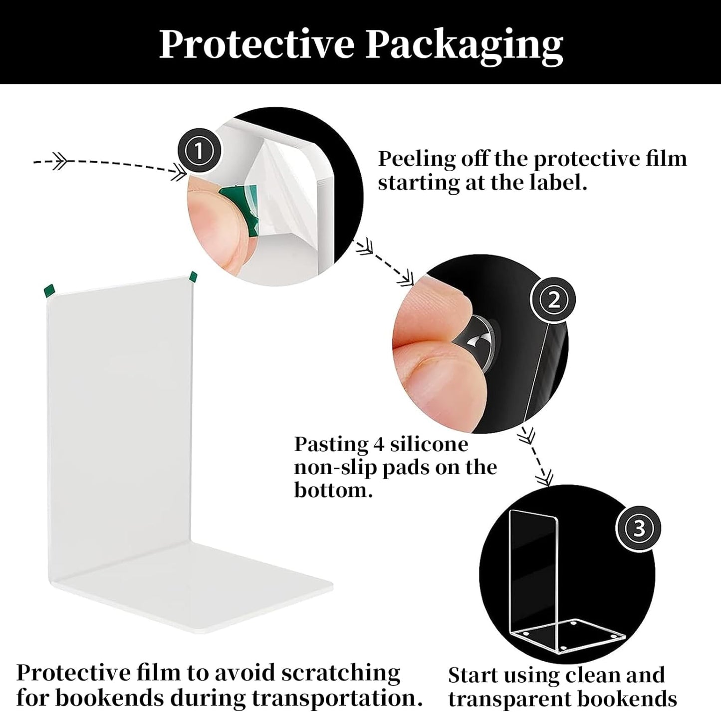 Book Ends 6 Pcs Acrylic Bookends Clear Book Holders for Shelves, Book Organizer with 24 Pcs Silicone Non-Slip Mats for Library Office School (5 * 5 * 7.3 Inch 3Mm Thickness 3 Pairs/ 6 Pcs)