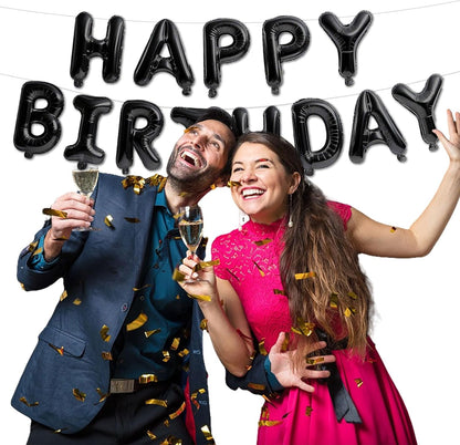 Happy Birthday Banner Black Balloons for Happy Birthday Decorations 13Pcs Mylar Foil Letters Birthday Sign Banner Party Decorations for Men, Women, Boys and Girls
